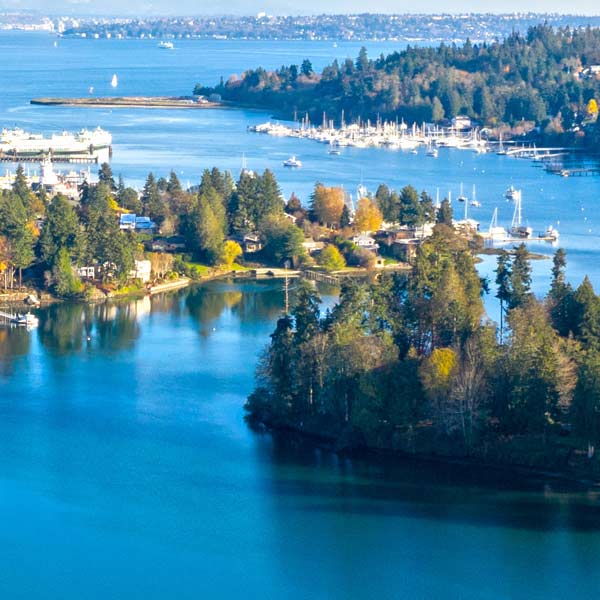 Aerial view of harbor and land in the Puget Sound in Washington State.