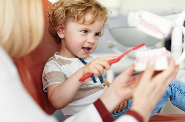 Little boy learning to brush teeth at Karl Hoffman Dentistry in Lacey, WA